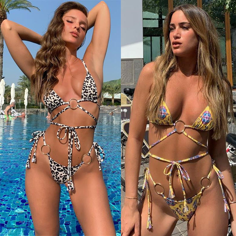 Sexy Three-Ring Strap Lace Print Bikini Women's Backless Two-Piece Swimsuit