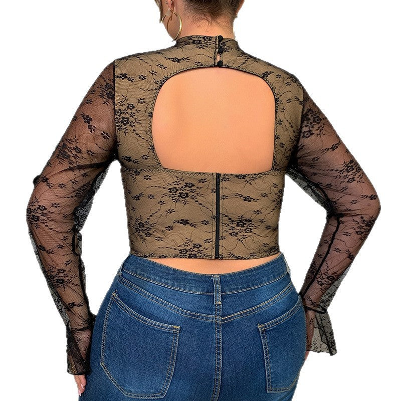 Low cut steel ring fishbone long sleeved top new sexy slim fit lace women's clothing