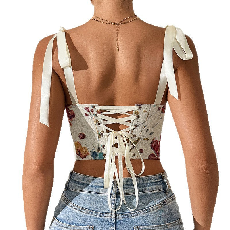 French floral retro style printed contrasting color slim fit strap vest