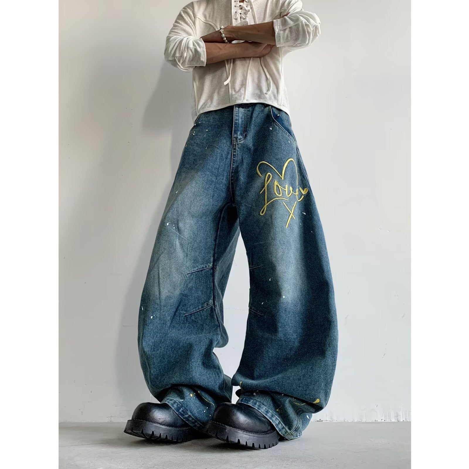 Embroidered letter splashed ink wide leg pants