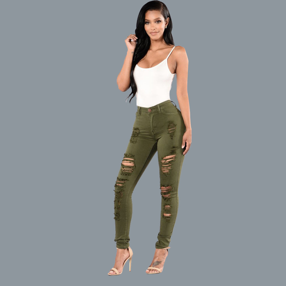 European and American knee ripped jeans, women's slim fit multi colored small leg pants, European station pants, women's pants, large size