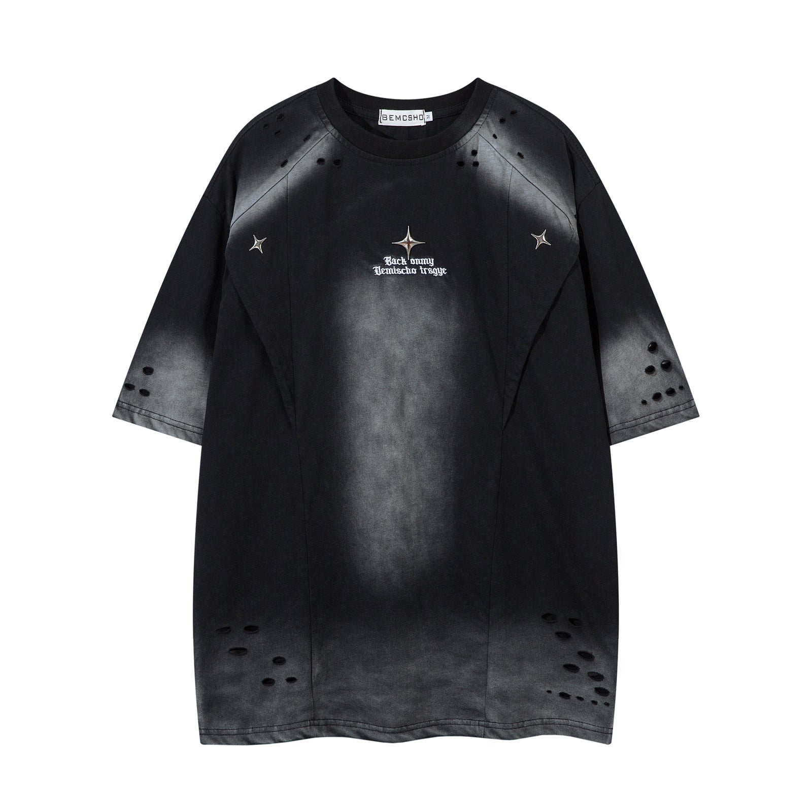 Washed hole letter embroidery short sleeved T-shirt