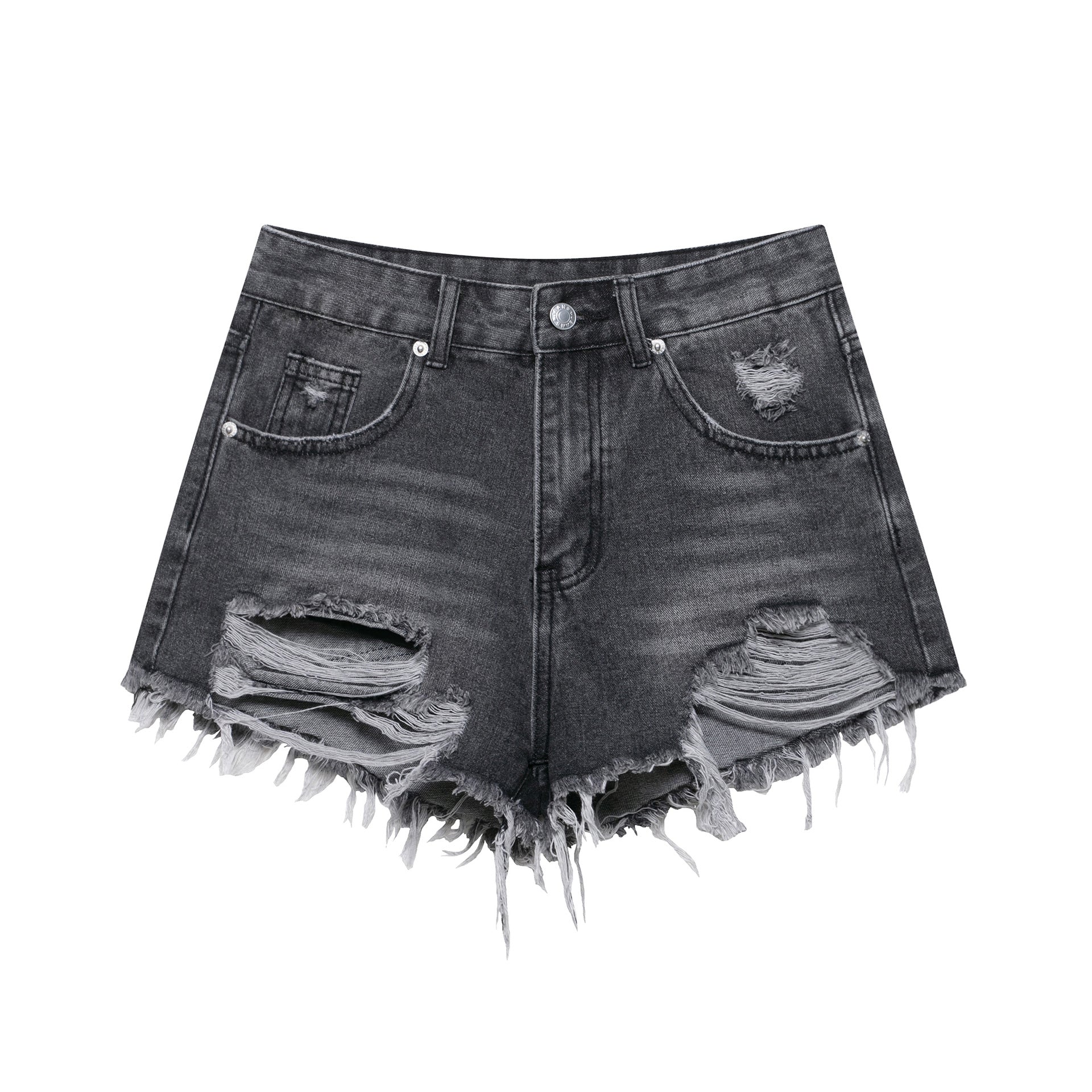 Broken hole decorative curved edge denim shorts for women