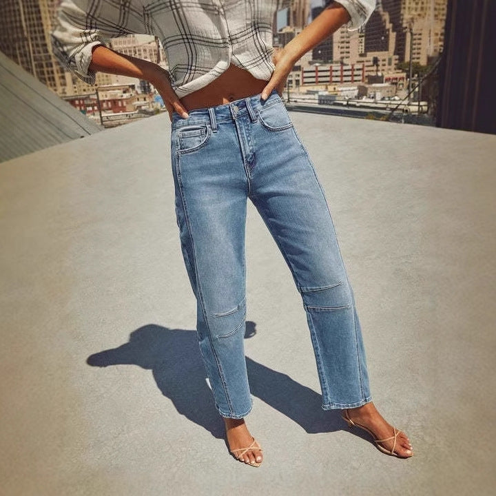 Casual loose mid waist straight tube women's washed fashionable jeans