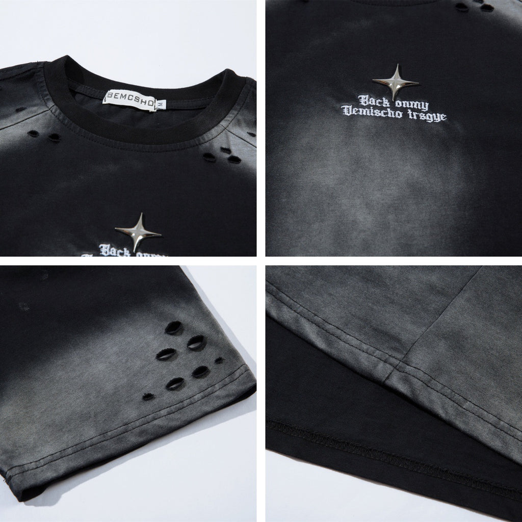 Washed hole letter embroidery short sleeved T-shirt