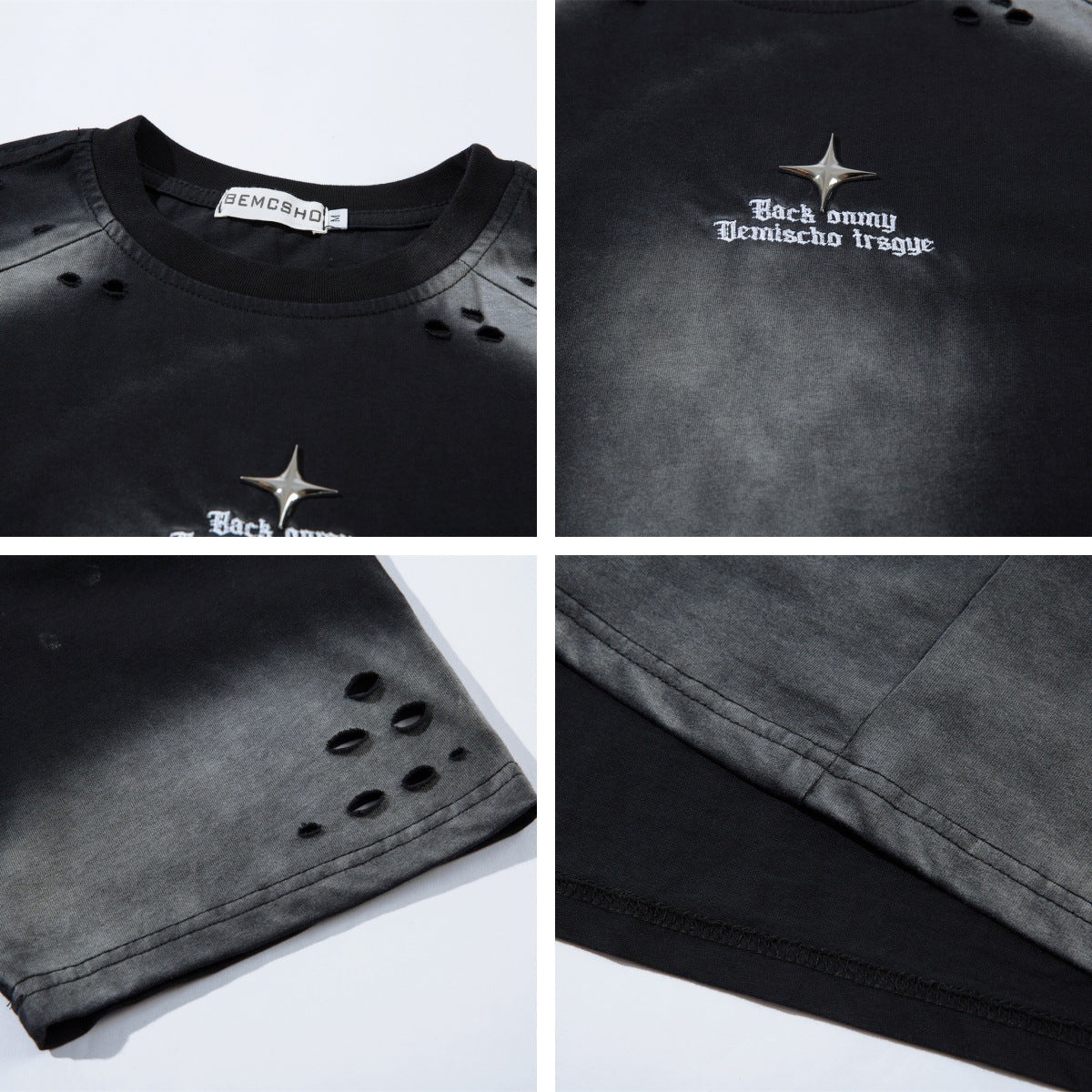 Washed hole letter embroidery short sleeved T-shirt