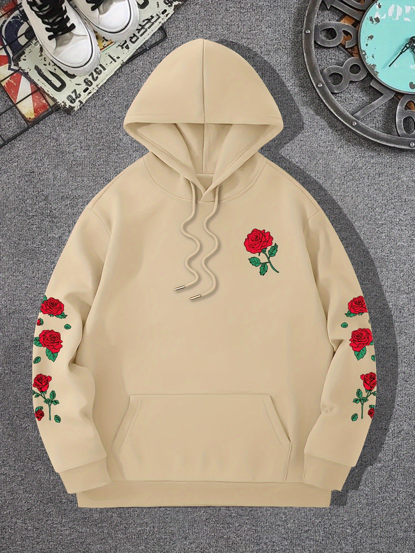 New printed red rose off shoulder sweatshirt casual street men's and women's sportswear pullover loose hoodie