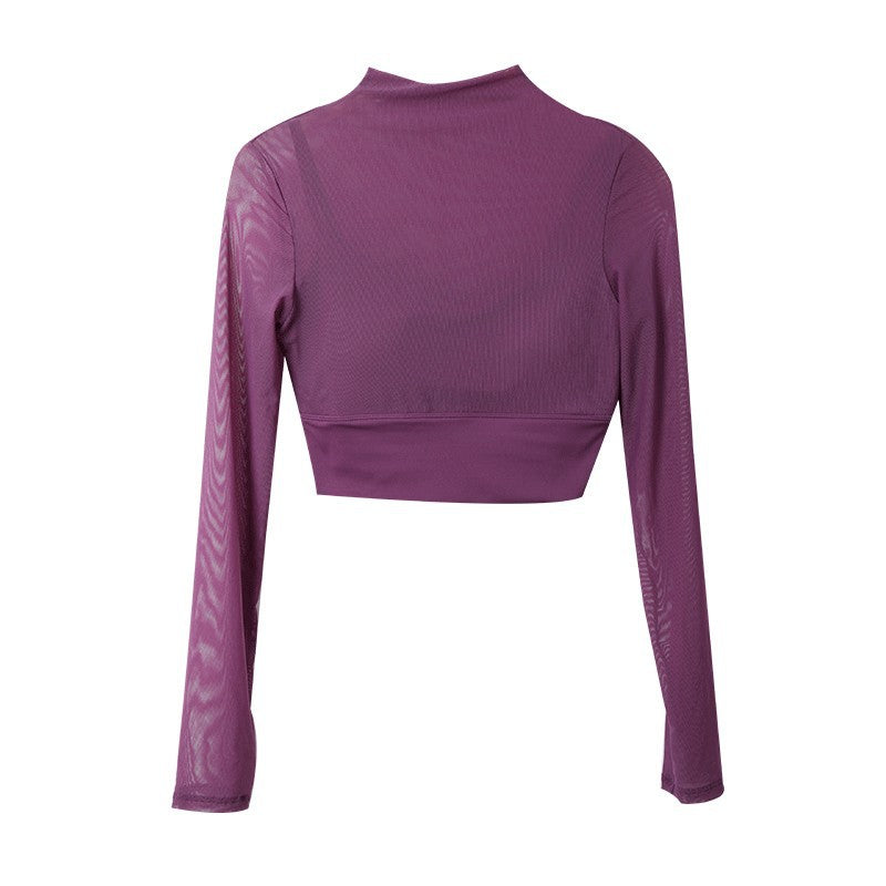 One piece fixed chest cushion, fake two-piece long sleeved mesh fitness yoga suit, sports top, autumn short cover shirt