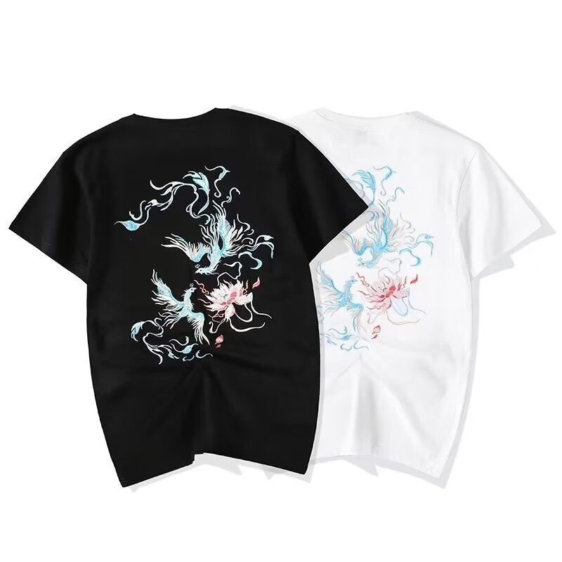 Phoenix Embroidered T-shirt Solid Color Simple Half Sleeve Trendy Short Sleeve Summer New Men's Clothing