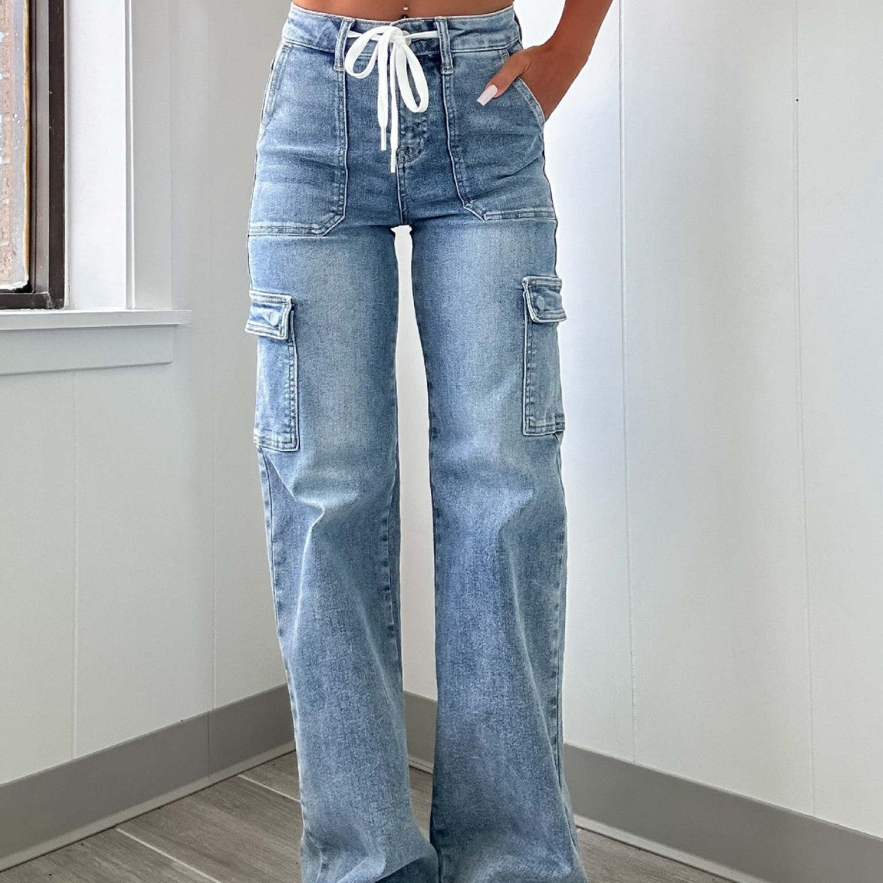 Straight leg jeans women's casual lace up multi pocket functional work pants