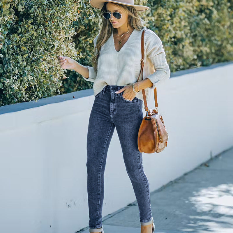 Autumn and winter new jeans high waisted European and American women's small leg pants blue denim pants