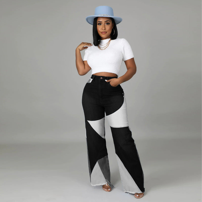 Autumn new European and American stretch plus size women's wide leg pants two tone jeans