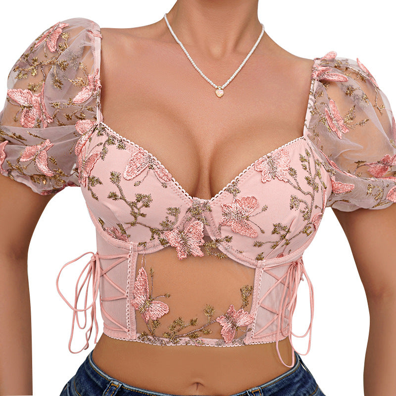 Bubble sleeve sexy floral cropped short top with steel ring gathering and drawstring waist cinching lace shirt