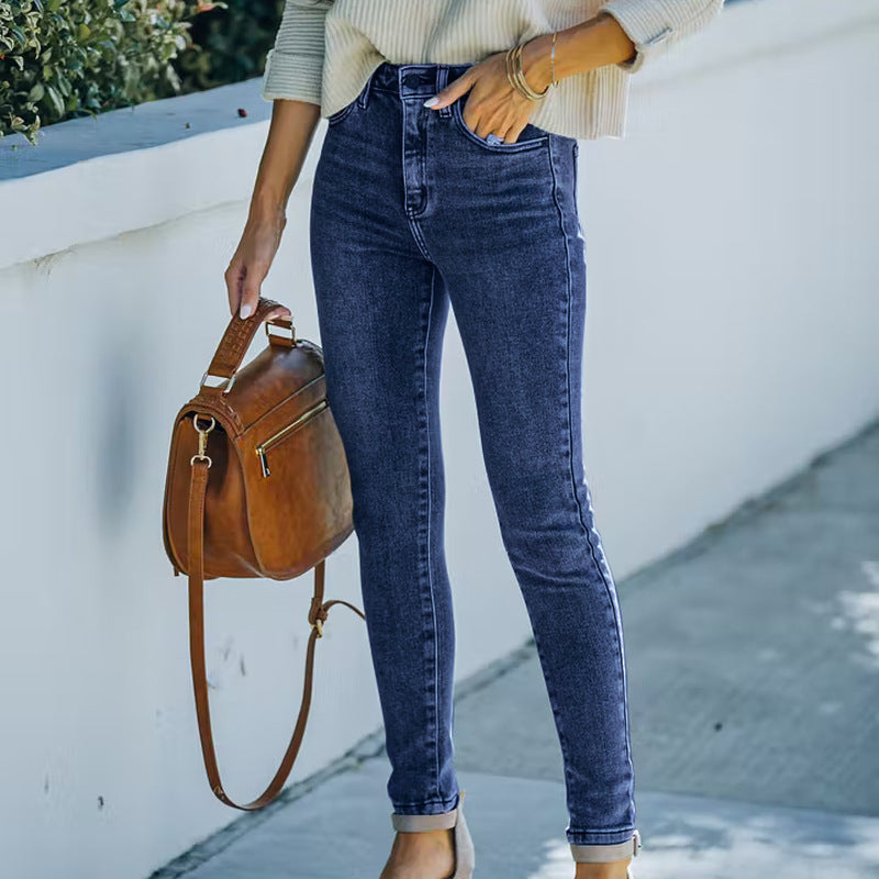 Autumn and winter new jeans high waisted European and American women's small leg pants blue denim pants