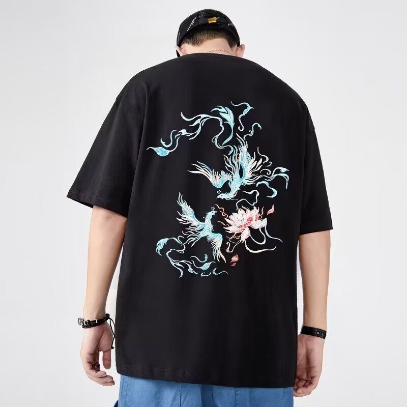 Phoenix Embroidered T-shirt Solid Color Simple Half Sleeve Trendy Short Sleeve Summer New Men's Clothing