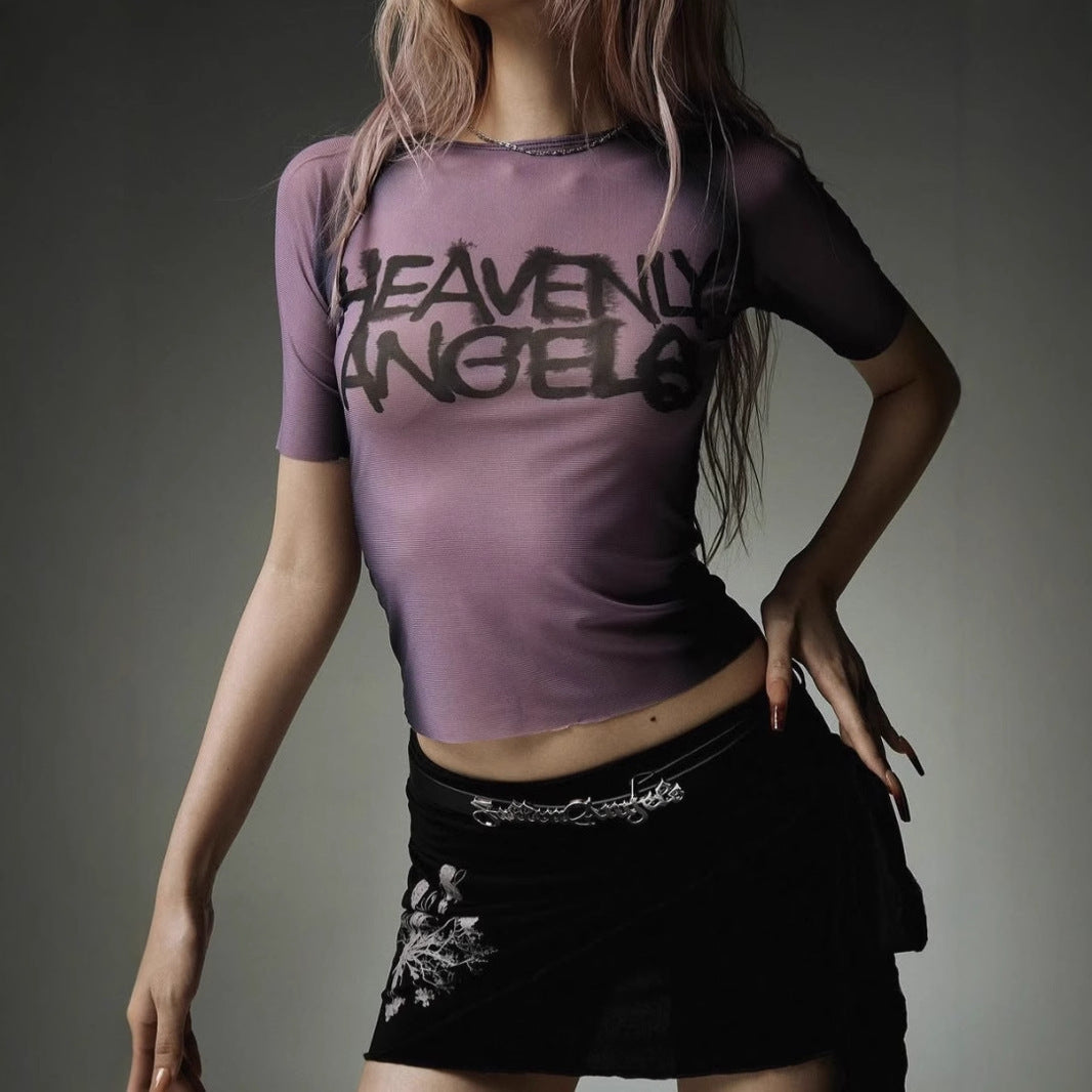 Sexy perspective printed slim fit short top for women