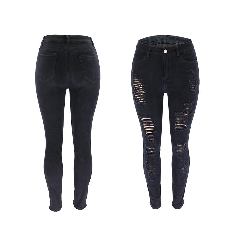 European and American knee ripped jeans, women's slim fit multi colored small leg pants, European station pants, women's pants, large size