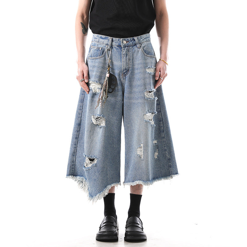 Irregular tassel ripped cropped pants for summer