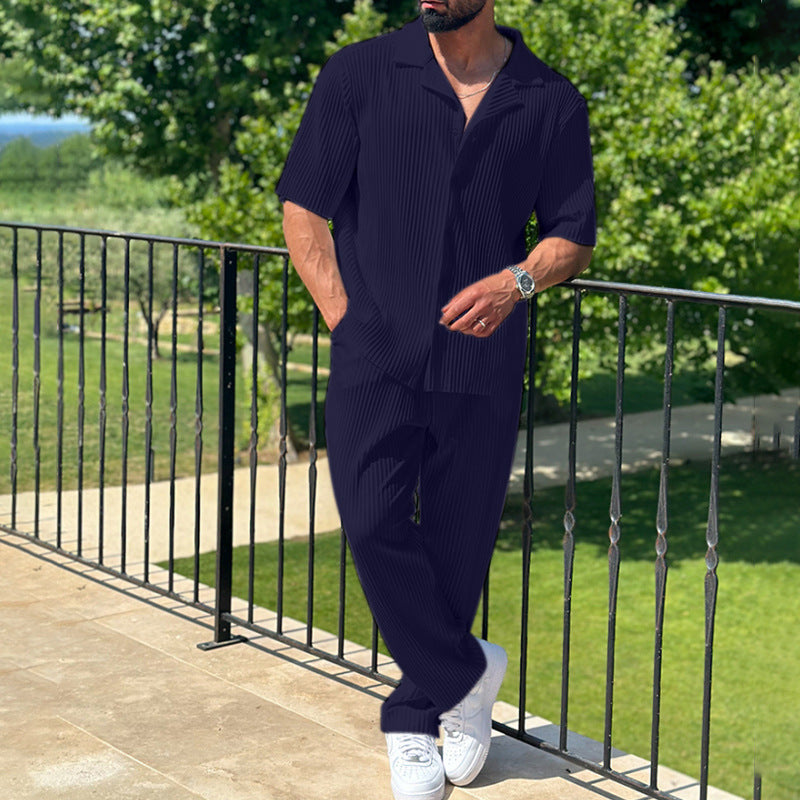Spring Solid Color Sports Men's Set Fashion Casual Short Sleeve Long Pants Foreign Trade Two-piece Set