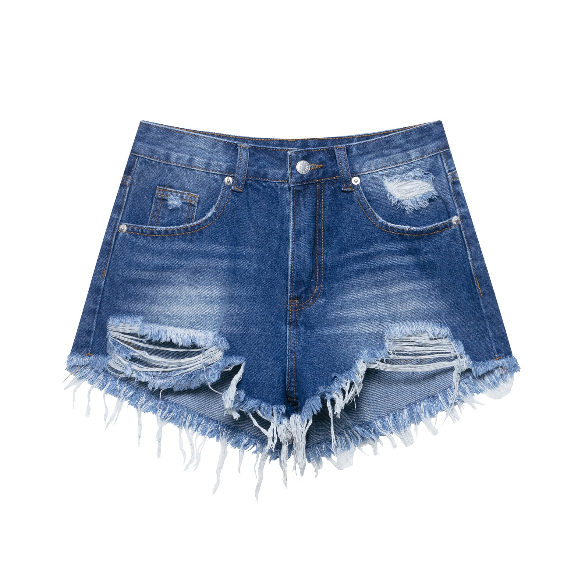Broken hole decorative curved edge denim shorts for women