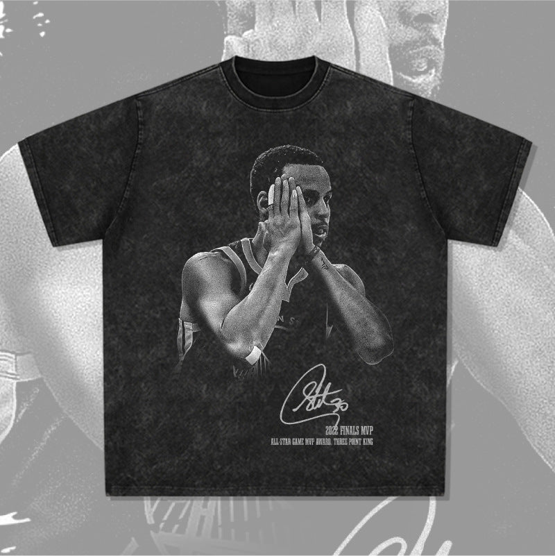Original Curry Curry signature action night American retro print short sleeve heavy washed old T-shirt trend