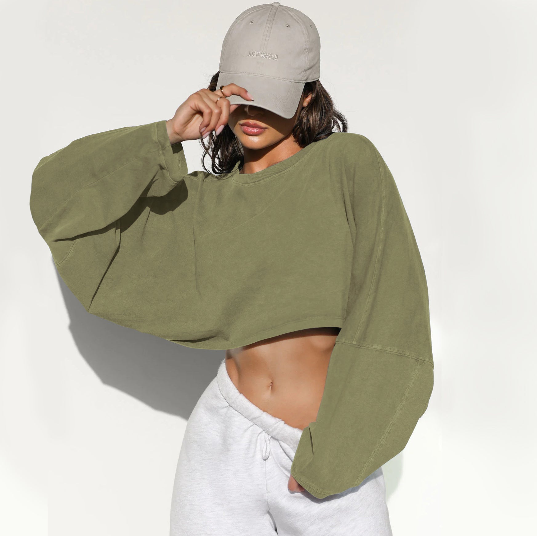 Umbilical round neck sweatshirt, European and American women's short sports base shirt, T-shirt, knitted shirt, long sleeved top