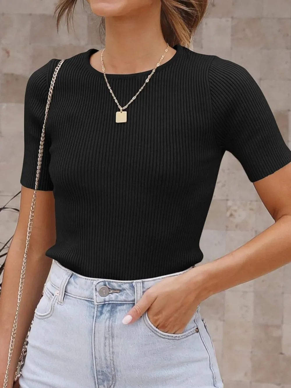 Autumn short sleeved slim fit round neck ribbed milk silk t-shirt for women