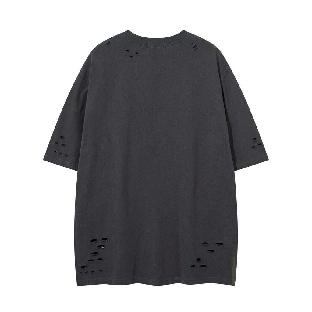 Washed hole letter embroidery short sleeved T-shirt