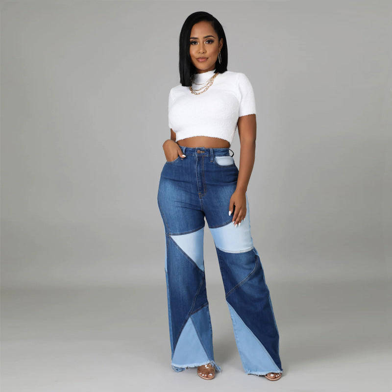 Autumn new European and American stretch plus size women's wide leg pants two tone jeans