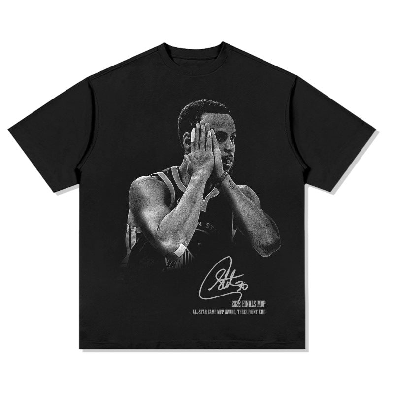 Original Curry Curry signature action night American retro print short sleeve heavy washed old T-shirt trend