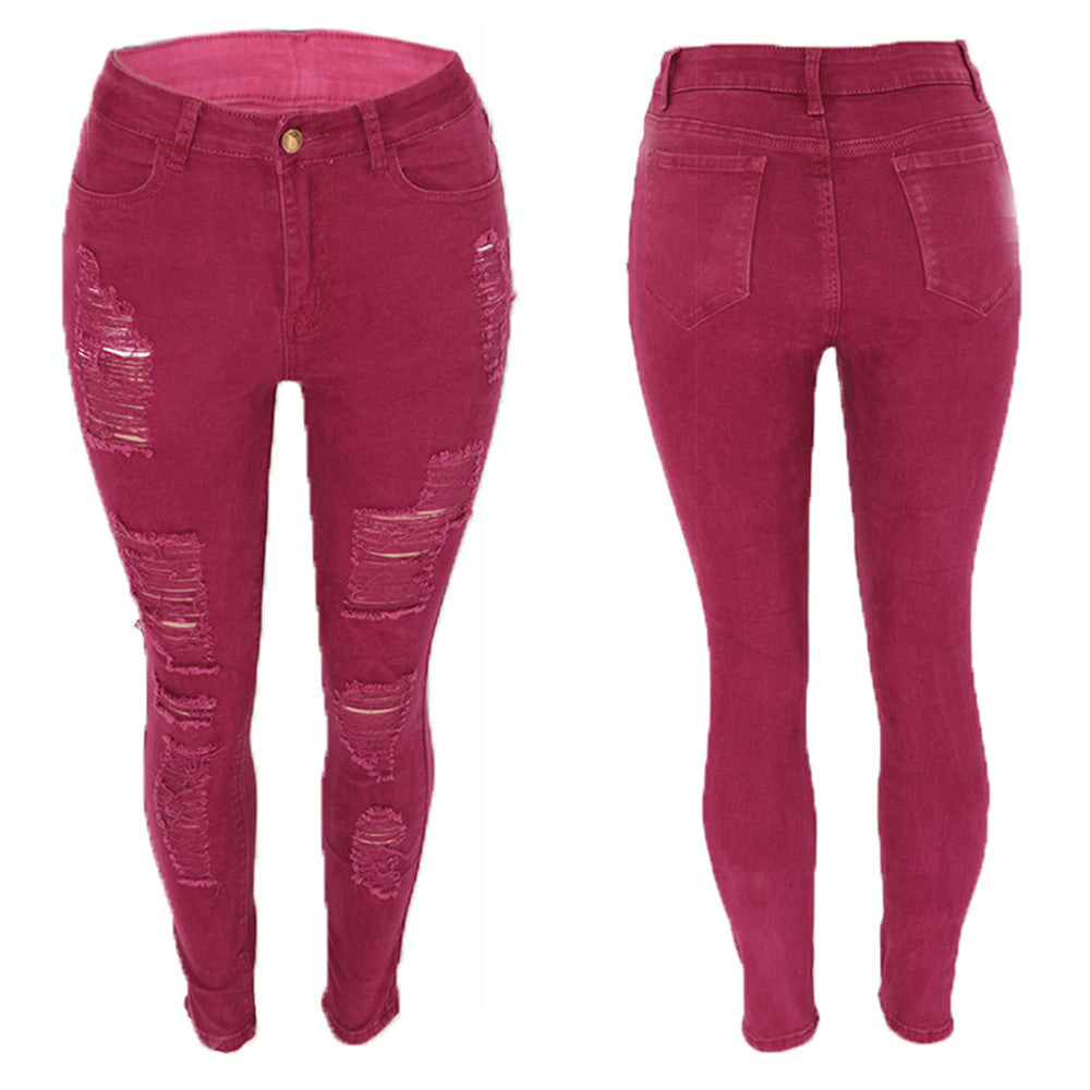 European and American knee ripped jeans, women's slim fit multi colored small leg pants, European station pants, women's pants, large size