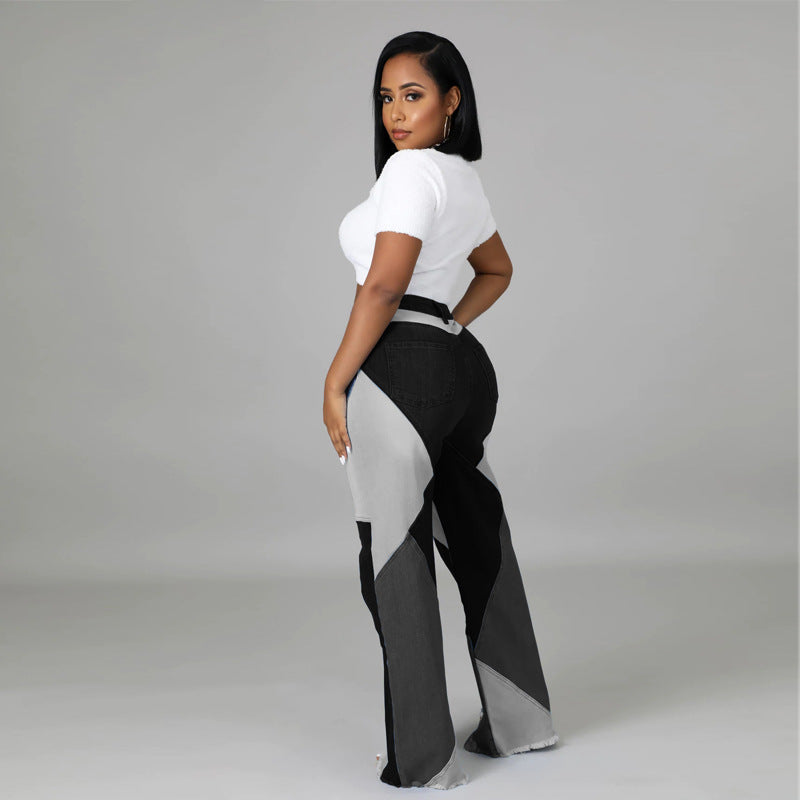 Autumn new European and American stretch plus size women's wide leg pants two tone jeans