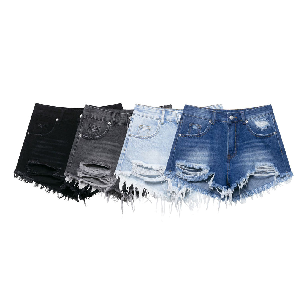 Broken hole decorative curved edge denim shorts for women