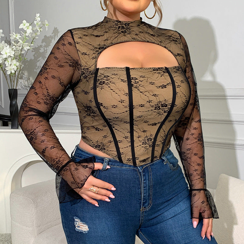 Low cut steel ring fishbone long sleeved top new sexy slim fit lace women's clothing