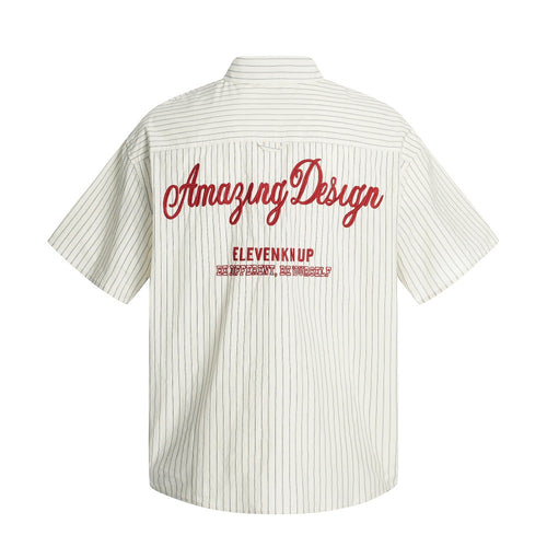 American Style Trendy Vertical Striped Embroidered Letter Short Sleeve Shirt Men's Loose Design Pockets Turn-Down Collar Shirt Summer