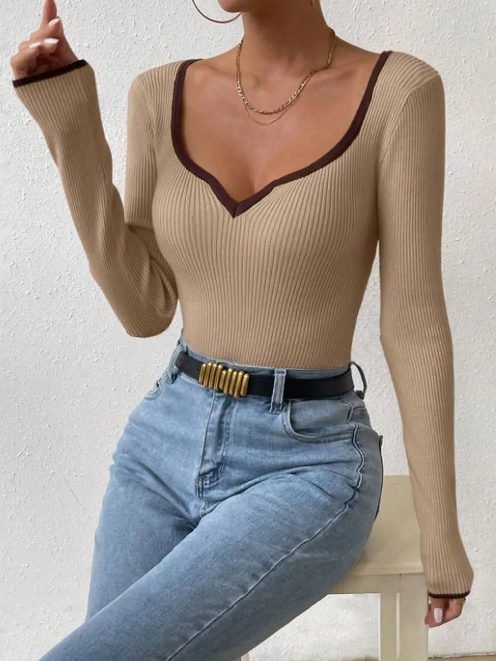 Women's Vertical Pattern Pit Strip Slim Knitted Top