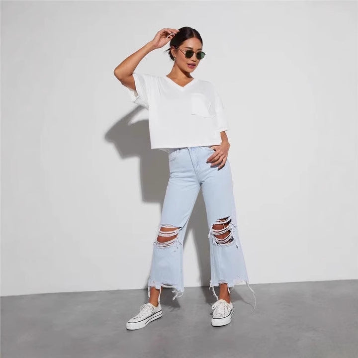 Retro wide leg pants loose straight leg jeans ripped pants for women