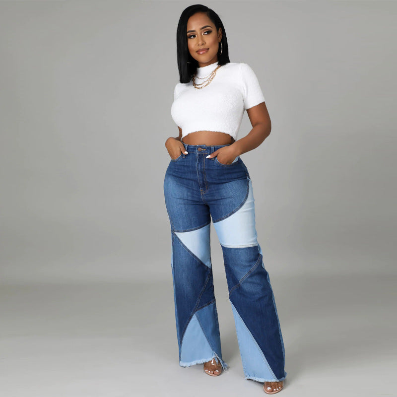 Autumn new European and American stretch plus size women's wide leg pants two tone jeans