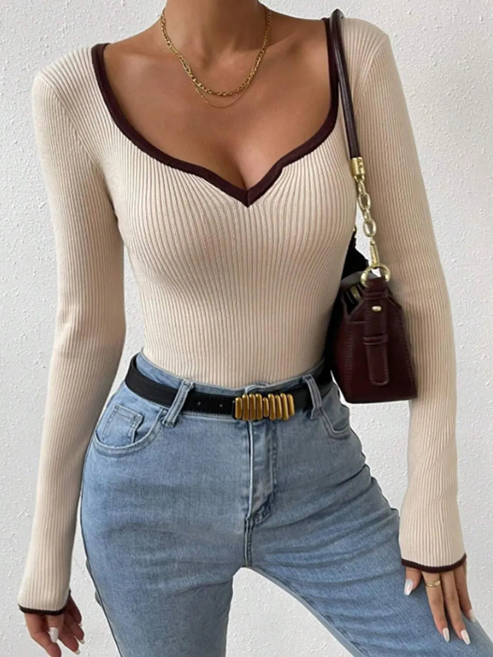 Women's Vertical Pattern Pit Strip Slim Knitted Top