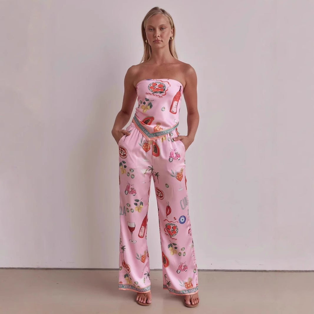 Printed strapless wide leg set