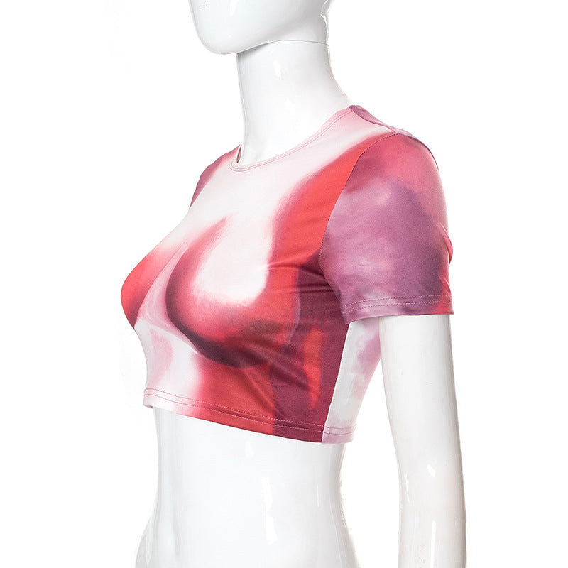 INS Sexy Contrast Print Open Waist Top Tight Short Sleeve T shirt Women