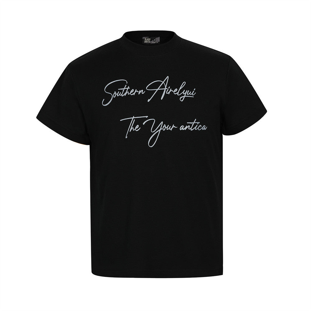 Handwritten English Letter Print Short Sleeve T-Shirt Men's Slim Fit Regular Shoulder Casual Round Neck Half Sleeve Top INS Trendy Tee