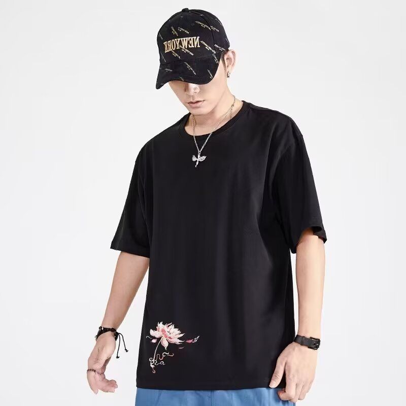 Phoenix Embroidered T-shirt Solid Color Simple Half Sleeve Trendy Short Sleeve Summer New Men's Clothing