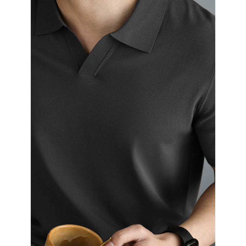 High-end Knitted Short Sleeve Men's Italian Seagull Collar Commuting Polo Shirt Business Gentleman Cool Touch Solid Color T-Shirt
