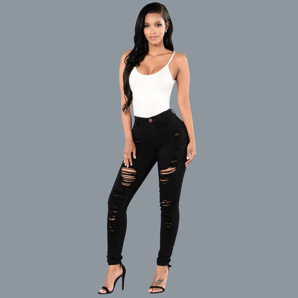 European and American knee ripped jeans, women's slim fit multi colored small leg pants, European station pants, women's pants, large size
