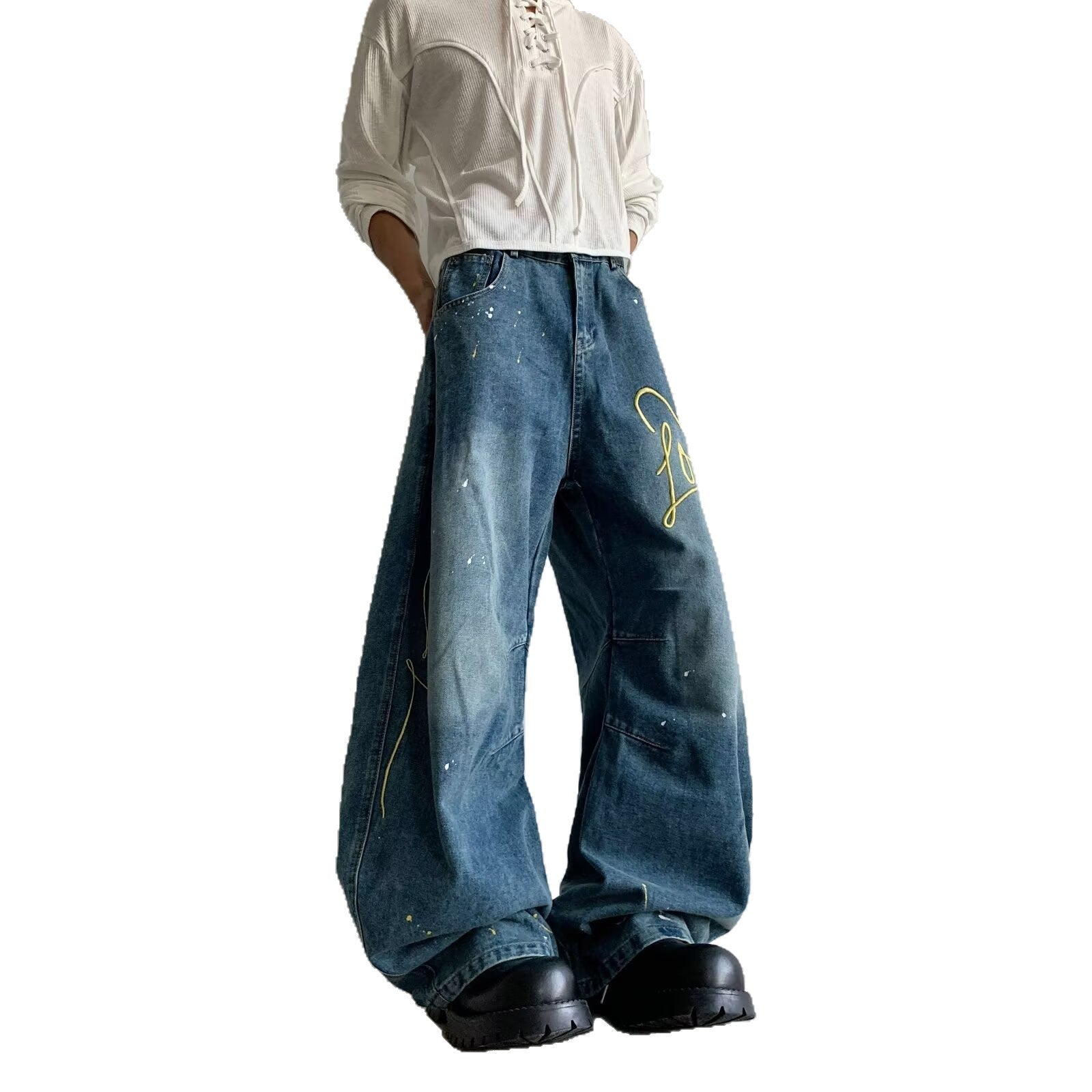 Embroidered letter splashed ink wide leg pants