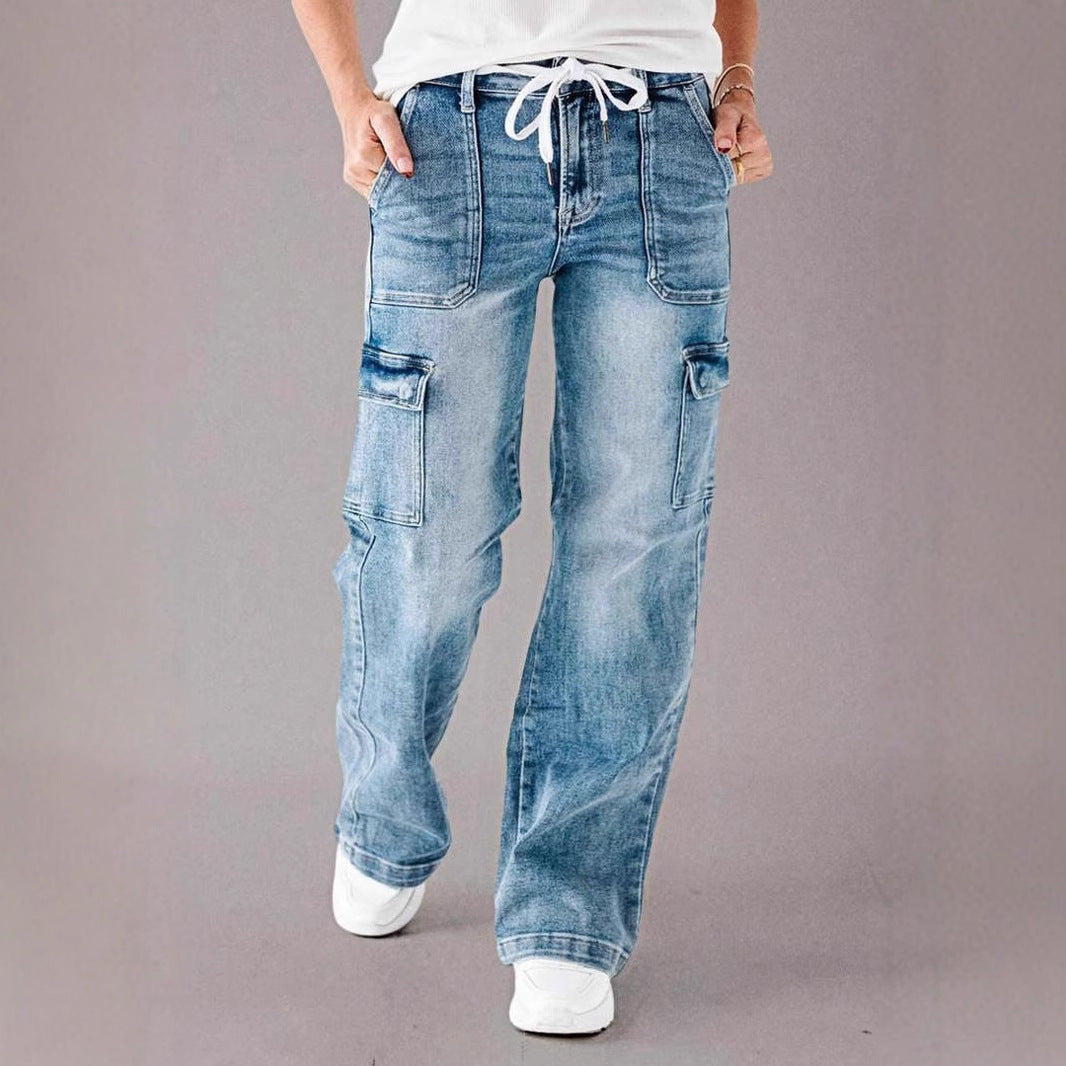 Straight leg jeans women's casual lace up multi pocket functional work pants
