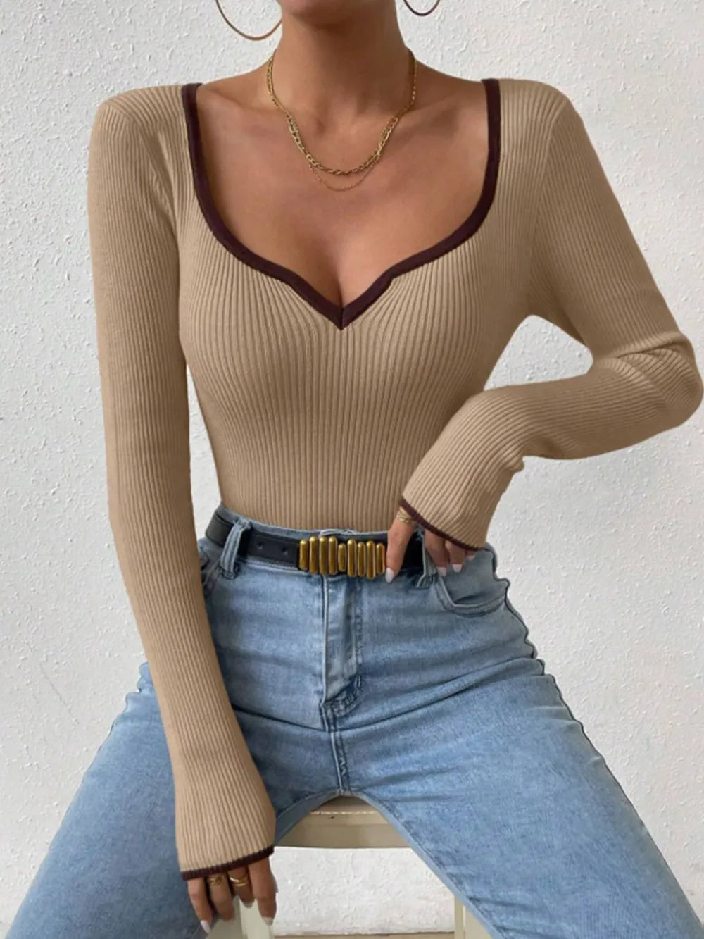 Women's Vertical Pattern Pit Strip Slim Knitted Top