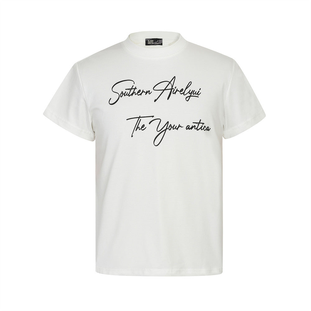 Handwritten English Letter Print Short Sleeve T-Shirt Men's Slim Fit Regular Shoulder Casual Round Neck Half Sleeve Top INS Trendy Tee