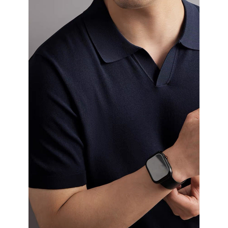 High-end Knitted Short Sleeve Men's Italian Seagull Collar Commuting Polo Shirt Business Gentleman Cool Touch Solid Color T-Shirt